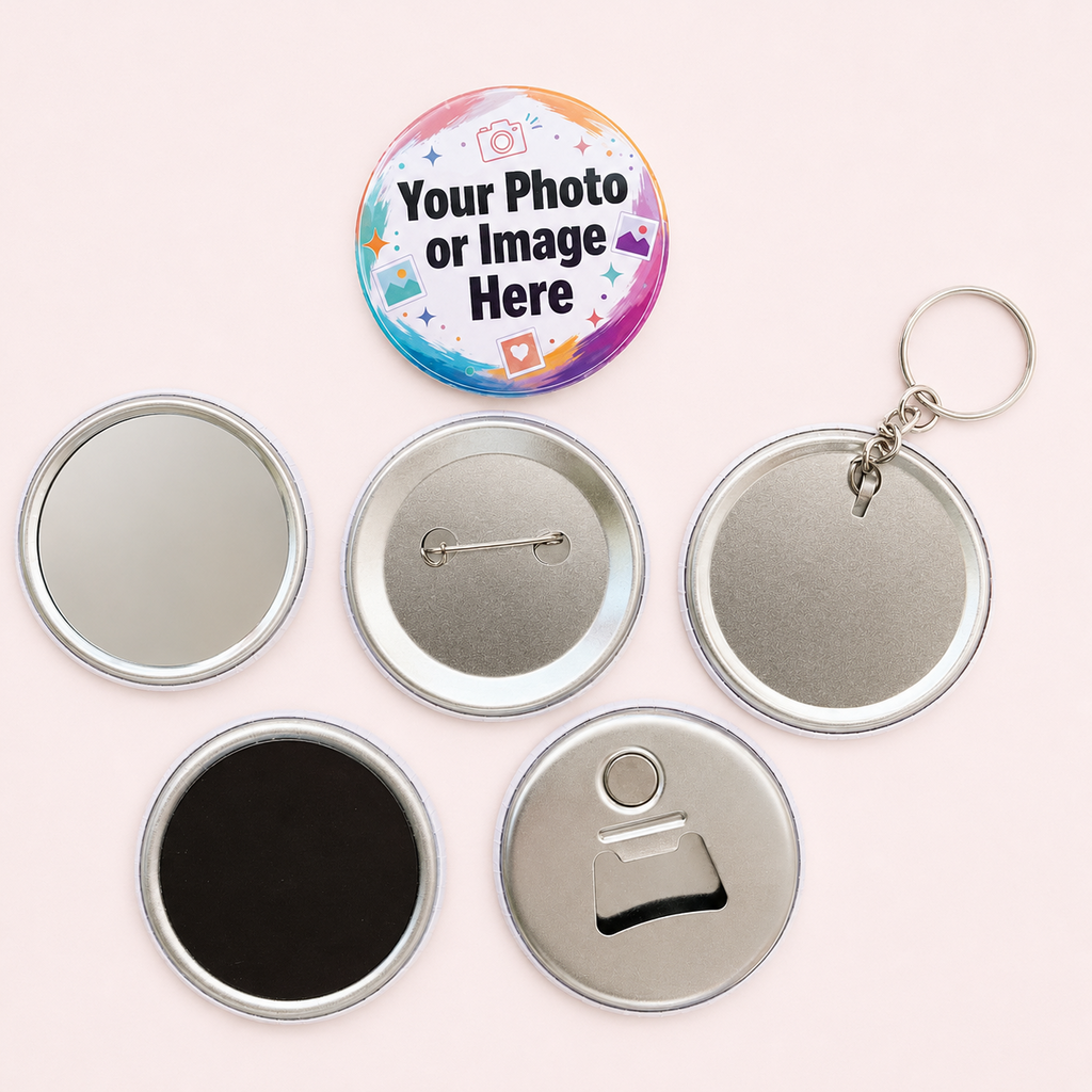 Personalised Round Photo Magnet, Keyring, Badge, Mirror or Bottle Opener.
